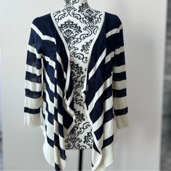 Anthropologie Moth Linen Cotton Fine Knit Open Front Cardigan Sweater Striped S - Picture 1 of 6